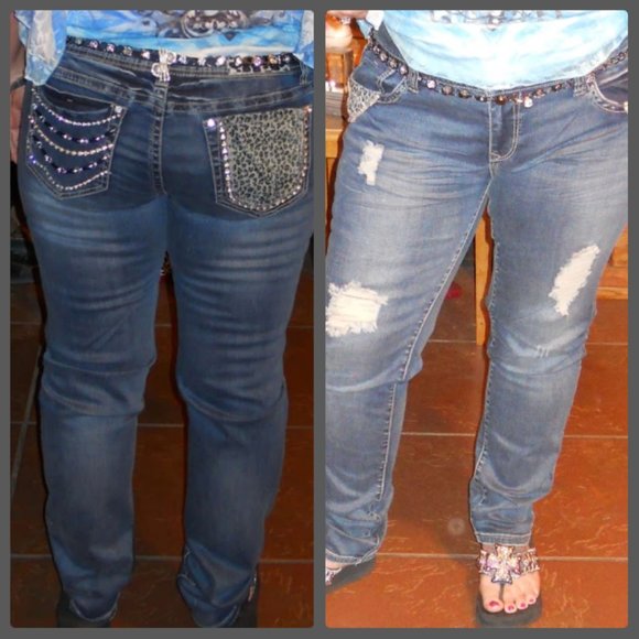 Miss L.A. Idol rhinestone distressed leopard accented skinny Jeans juniors 15 - Picture 1 of 7
